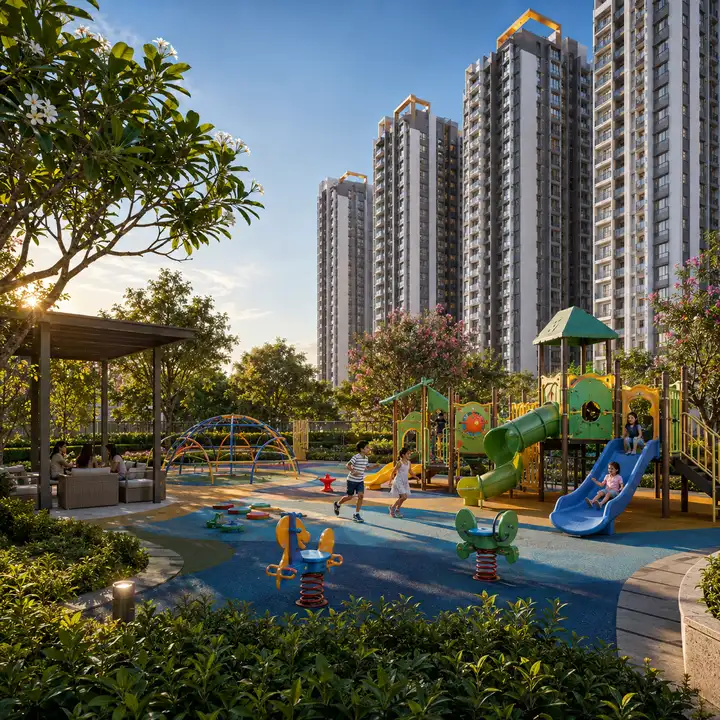 Sattva Whitefield children's play area with towers in background