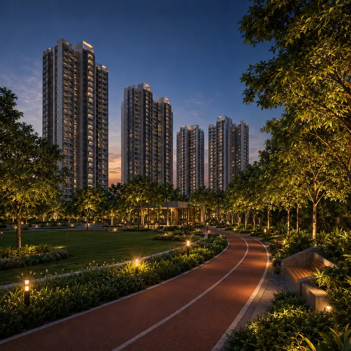 Sattva Whitefield landscaped garden with jogging track