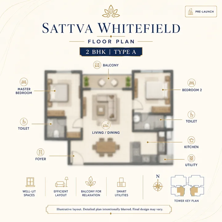 Sattva Whitefield 2 BHK Type A floor plan layout