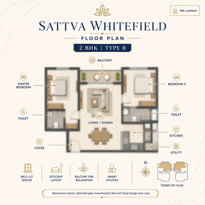 Sattva Whitefield 2 BHK Type B floor plan layout