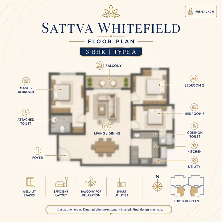 Sattva Whitefield 3 BHK Type A floor plan layout