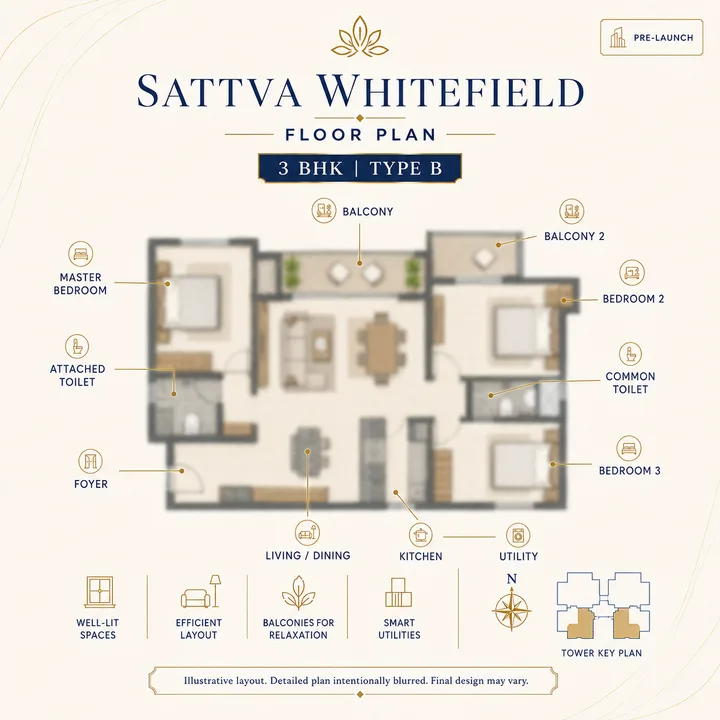 Sattva Whitefield 3 BHK Type B floor plan layout